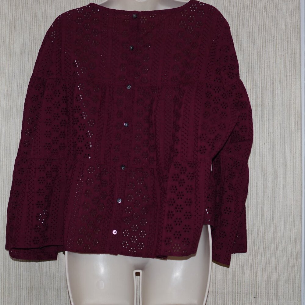 Madewell eyelet pom pom cotton burgundy long sleeve top Size:XXL - Picture 3 of 3